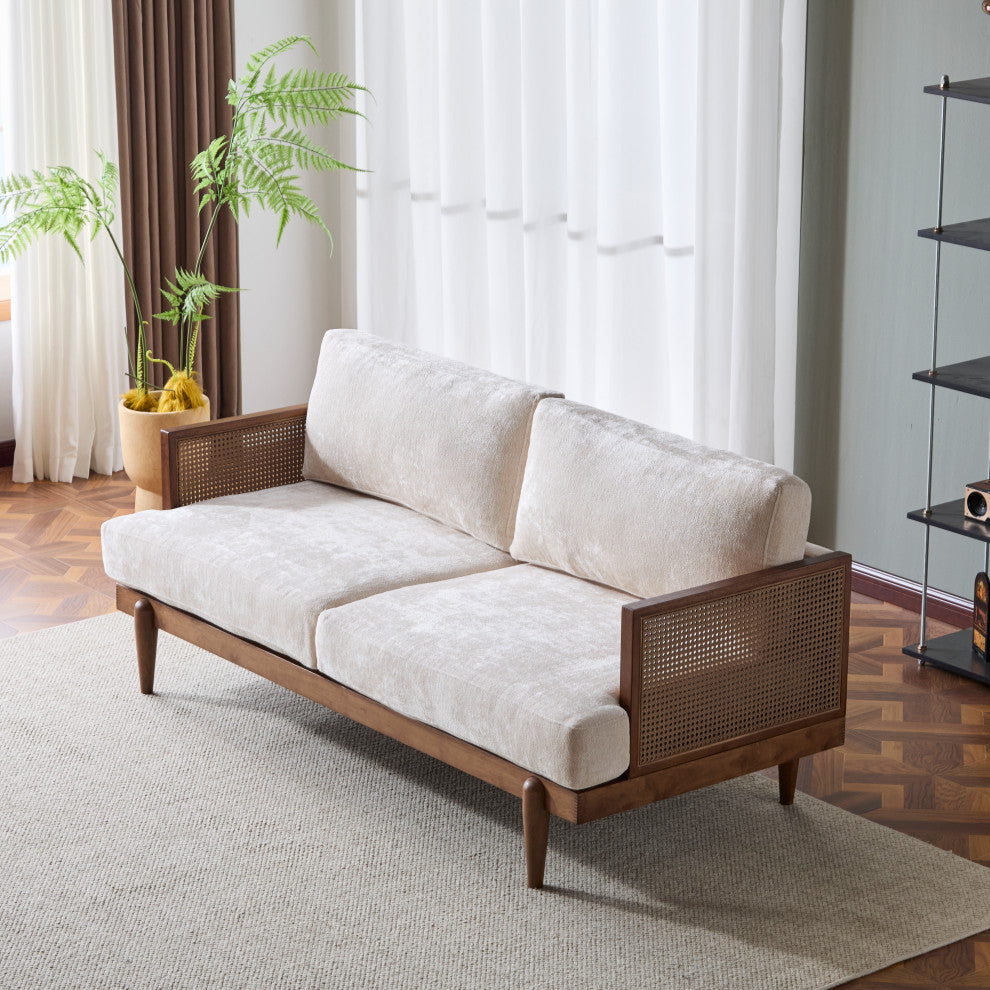 GDF Studio Doris 6' 3-Seater Sofa With Cane Rattan Arms, Walnut/Beige