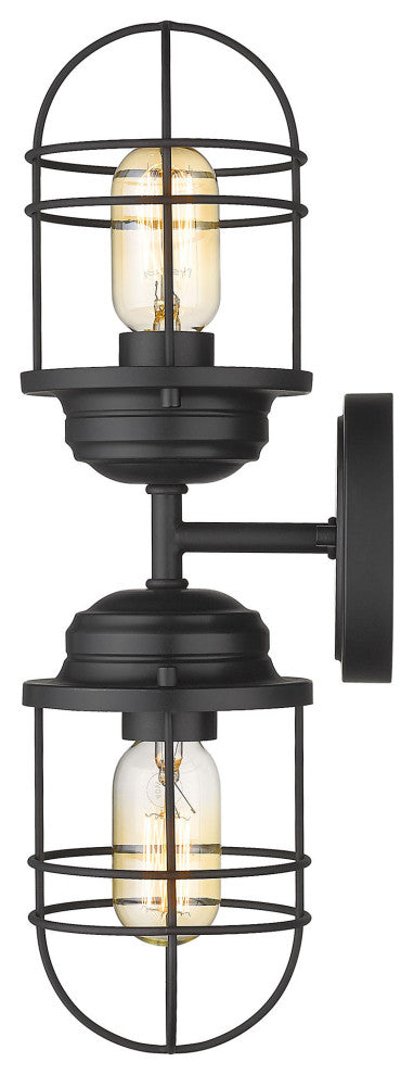 Seaport 2 Light Wall Sconce, Matte Black With Matte Black Metal Cage