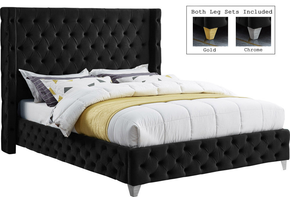 Savan Velvet Upholstered Bed, Black, Full