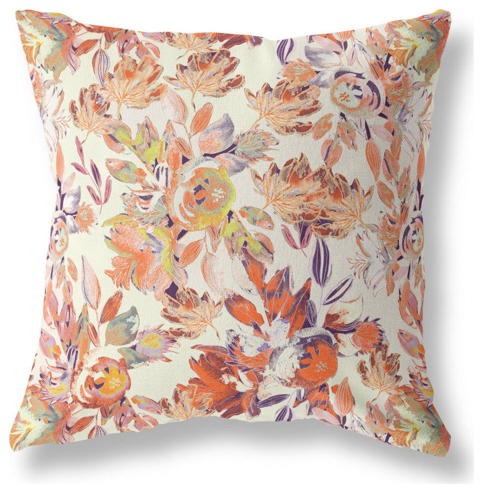 20" Peach Cream Florals Indoor Outdoor Zippered Throw Pillow
