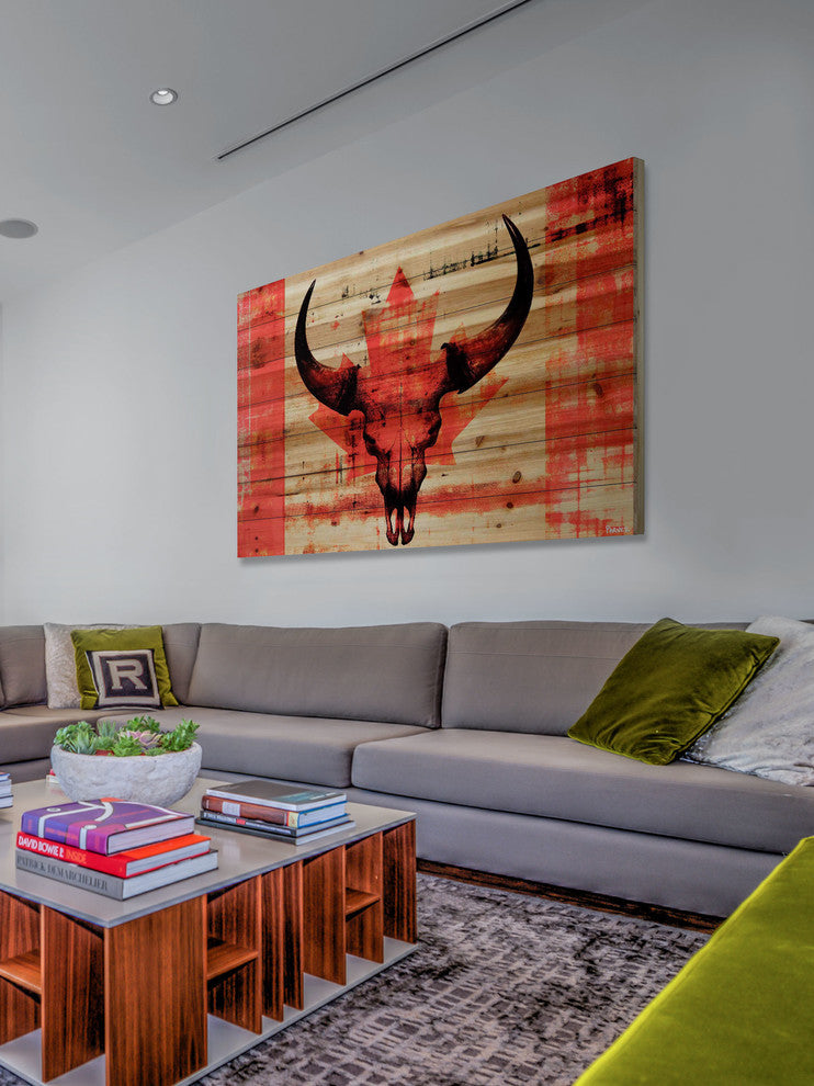 "Red Leaf Skull" Print on Natural Pine Wood, 36"x24"
