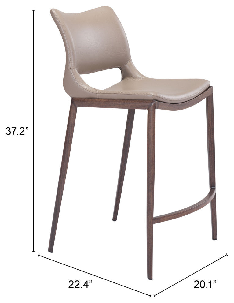 Counter Stool Chair, Set of 2, Faux Vinyl Leather, Steel, Gray, Walnut