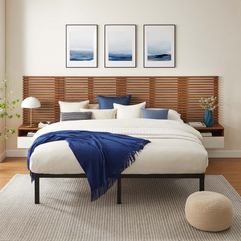 Render Wall Mount King Headboard and Modern Nightstands, Walnut
