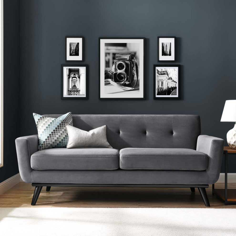 Loveseat Sofa, Gray, Velvet, Modern, Mid Century Hotel Lounge Cafe Lobby