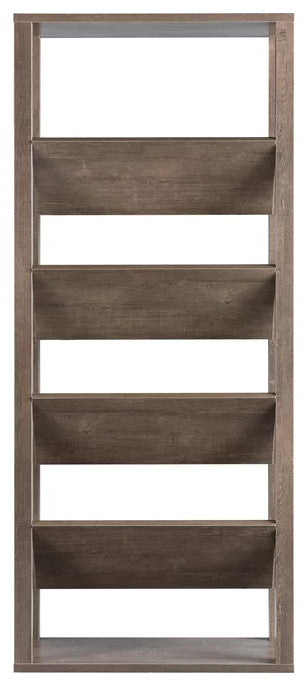 Transitional Bookcase, Unique Design With 4 Angled Open Shelves, Walnut Finish