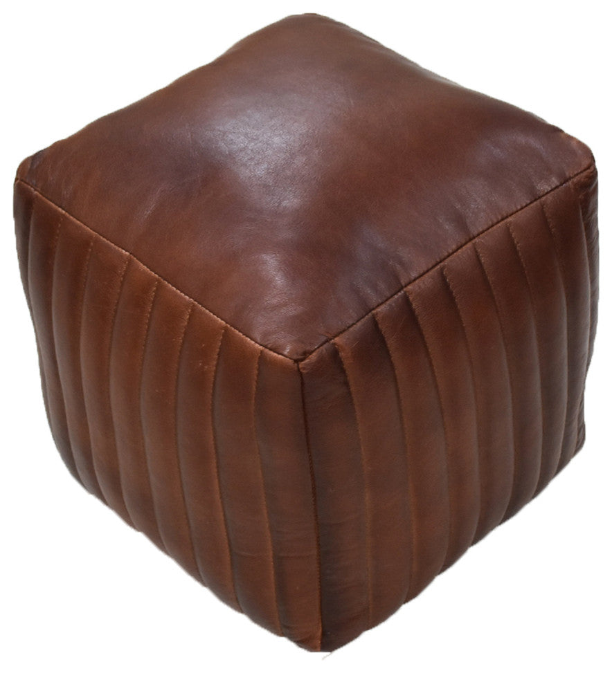 Poufs-Solid Handmade Goat Leather Pouf, Recycled Cotton Fill, Brown, Square [16x16x16]
