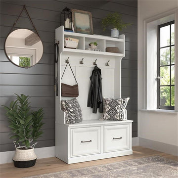 Woodland 40W Hall Tree and Shoe Bench with Doors in White Ash - Engineered Wood