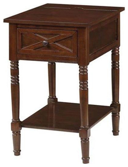 Country Oxford Square End Table with Charging Station in Espresso Wood Finish