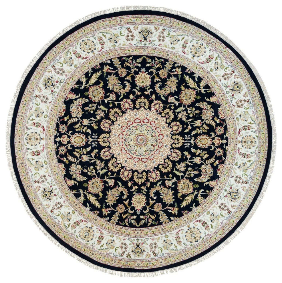 Blue 250 KPSI Extra Soft Wool Hand Knotted Nain Design Round Rug 9'10"x9'10"