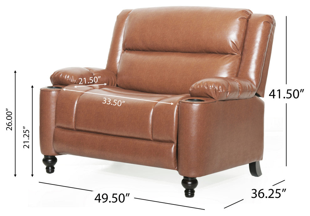 Upham Faux Leather Oversized Pushback Recliner, Cognac Brown/Espresso