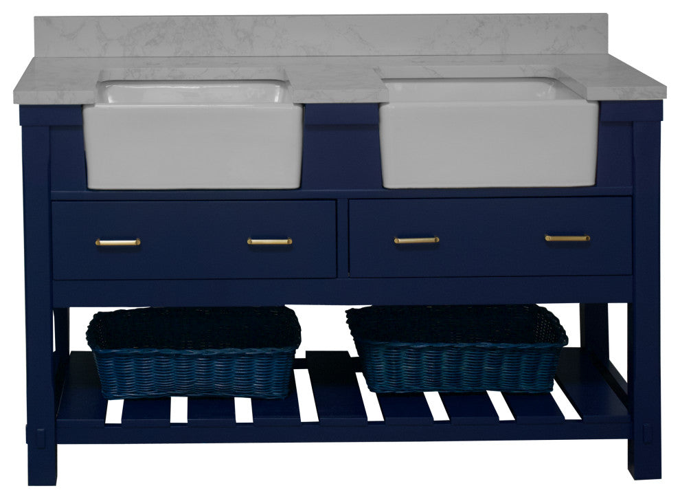 Charlotte 60" Bathroom Vanity, Royal Blue, Engineered Carrara, Double