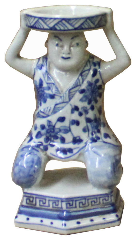 Oriental Vintage Ceramic Blue White Man Holding Dish Figure Hws1118