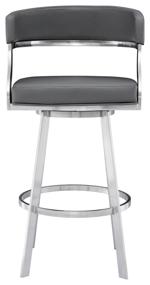 Saturn Swivel Metal and Faux Leather Bar Stool, Gray, 26" Counter Height