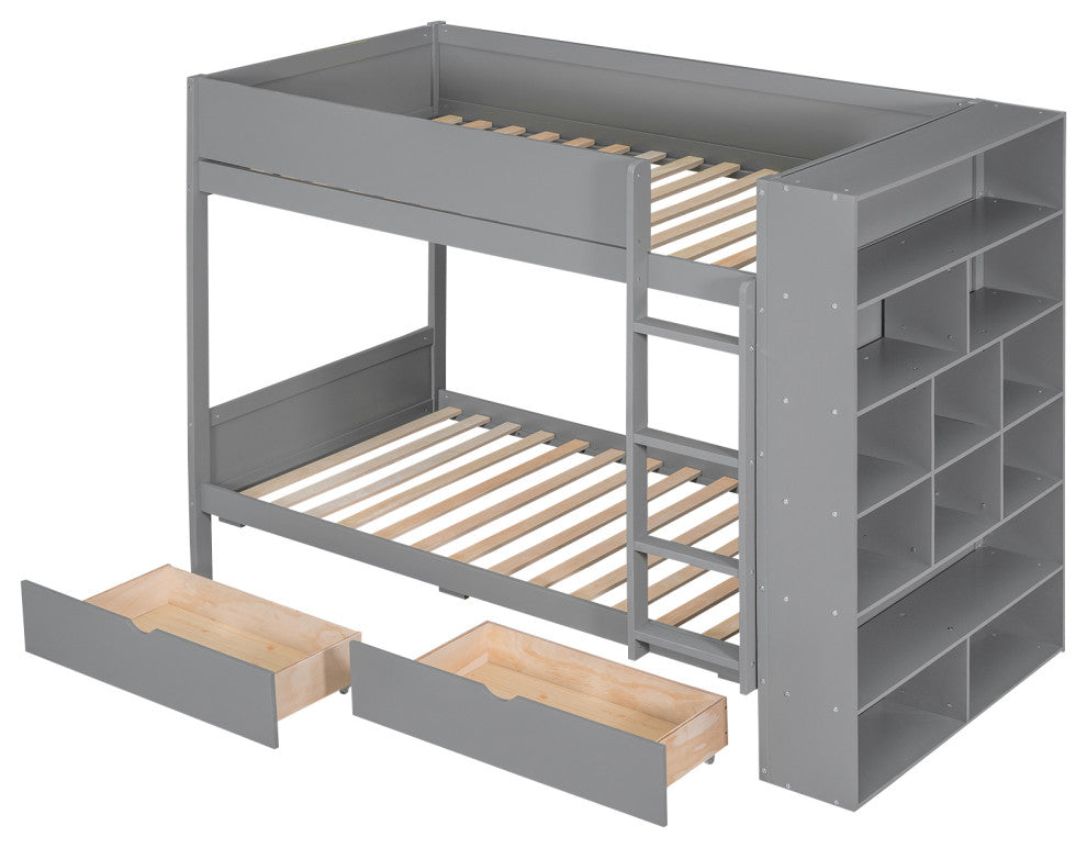 Gewnee Twin over Twin Bunk Bed With 2 Drawers and Multi-layer Cabinet