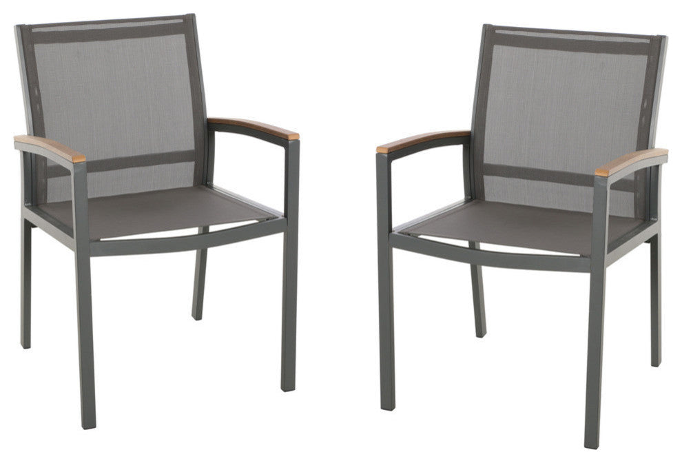 Emma Outdoor Aluminum Dining Chairs with Faux Wood Accents, Nartural, Gray, Set of 2