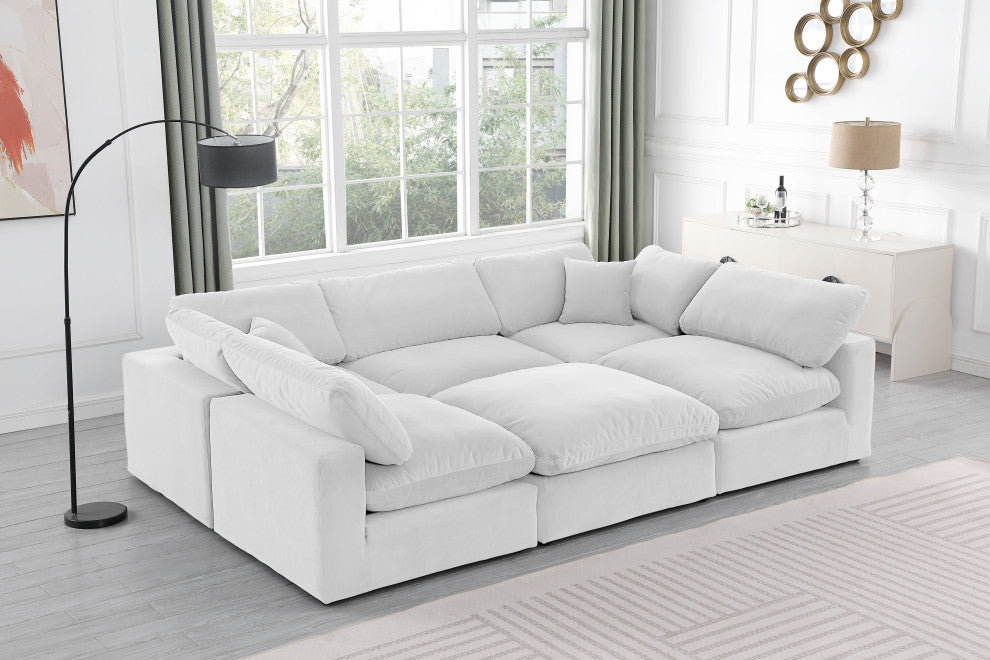 Comfy Upholstered U-Shaped Modular Sectional, Cream, 6-Piece: 3 Armless Chair, 2 Corner Chair, 1 Ottoman, Velvet