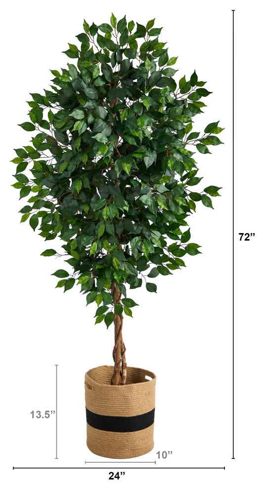 6' Ficus Artificial Tree With Natural Trunk, Handmade Natural Cotton Planter