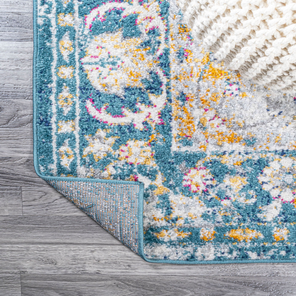 Zelda Bohemian Cottage Medallion Turquoise/Gray 2 ft. x 8 ft. Runner Rug