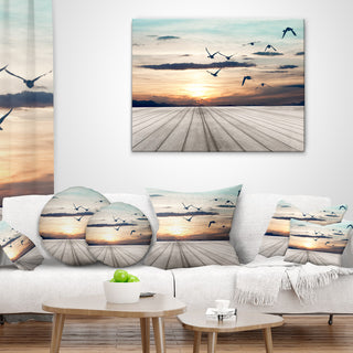 Wooden Floor Sunset Seashore Throw Pillow, 18"x18"