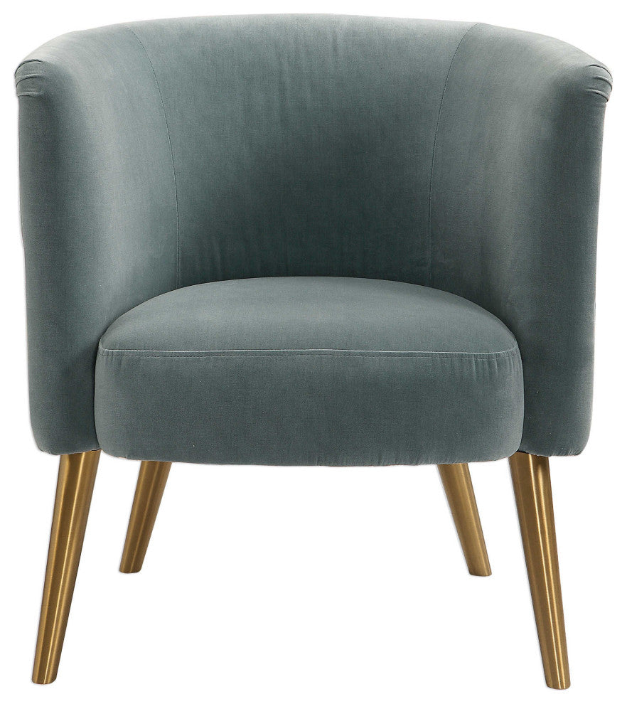 Mid Century Gray Velvet Barrel Tub Chair, Button Diamond Tufted Gold Metal Legs