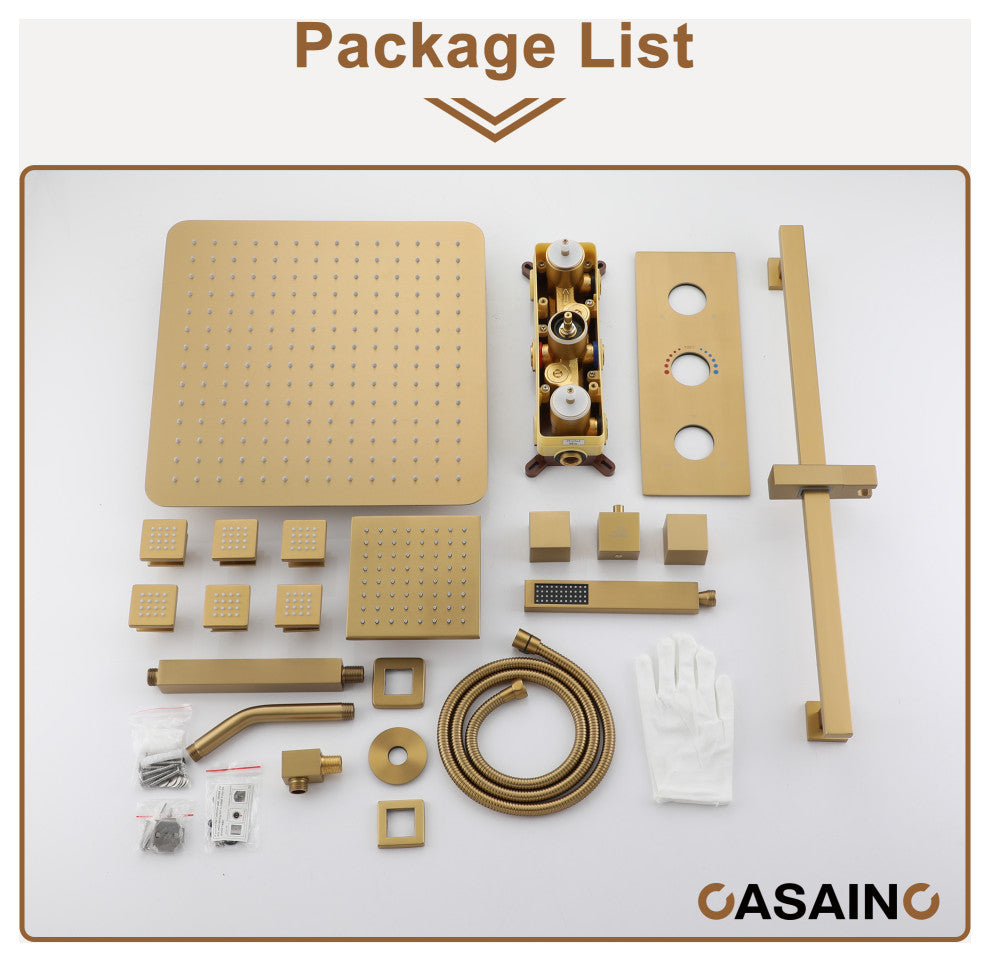 16inch Deluxe Showerhead Dual Shower Head System With Slide Bar and 6 Body Jets, Brushed Gold