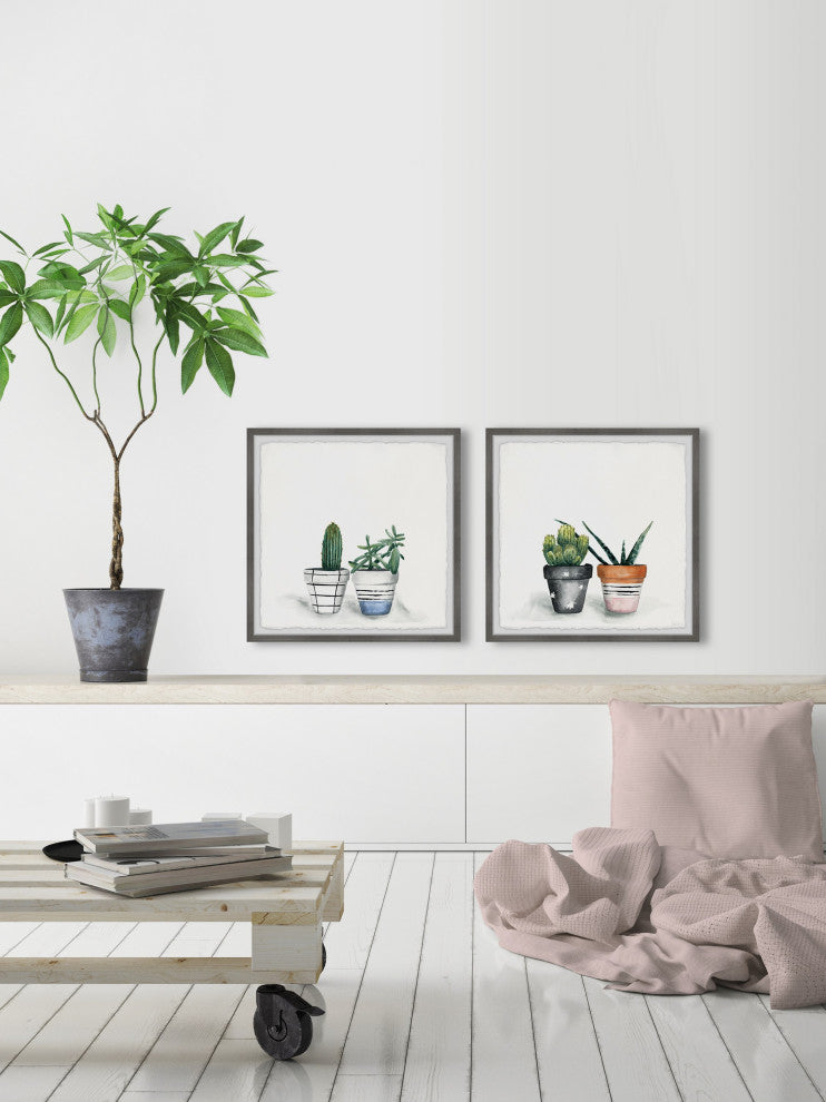 Decorated Cactus Pots Diptych, Set of 2, 24x24 Panels
