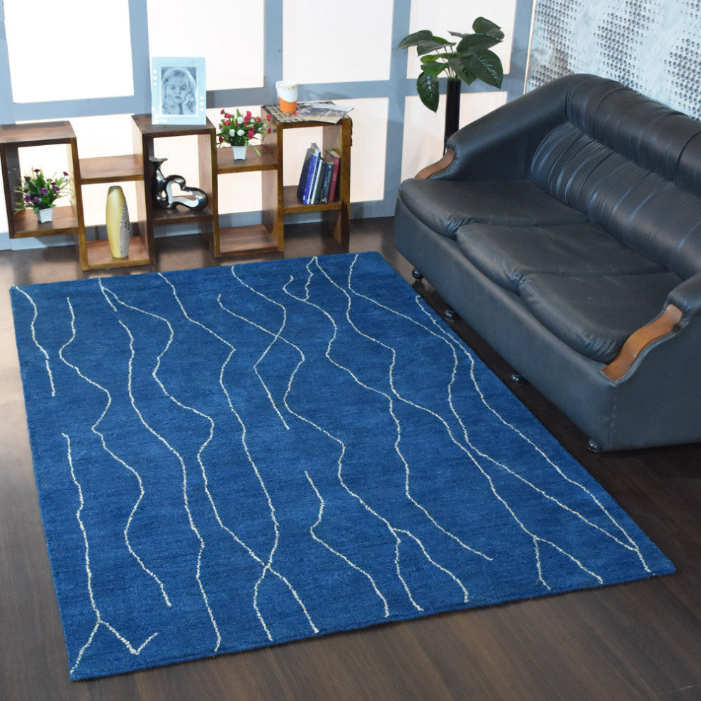 HAND KNOTTED LOOM SILK ECO-FRIENDLY RUGS-5'x8',Rectangle,Blue White,Contemporary