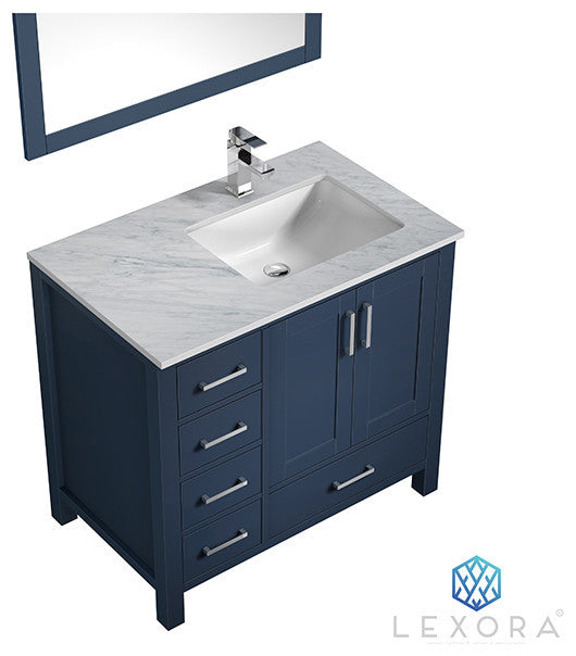 Jacques 36" Vanity, Wht Carrara Marble Top w/ 34" Mirror, Navy Blue, Right