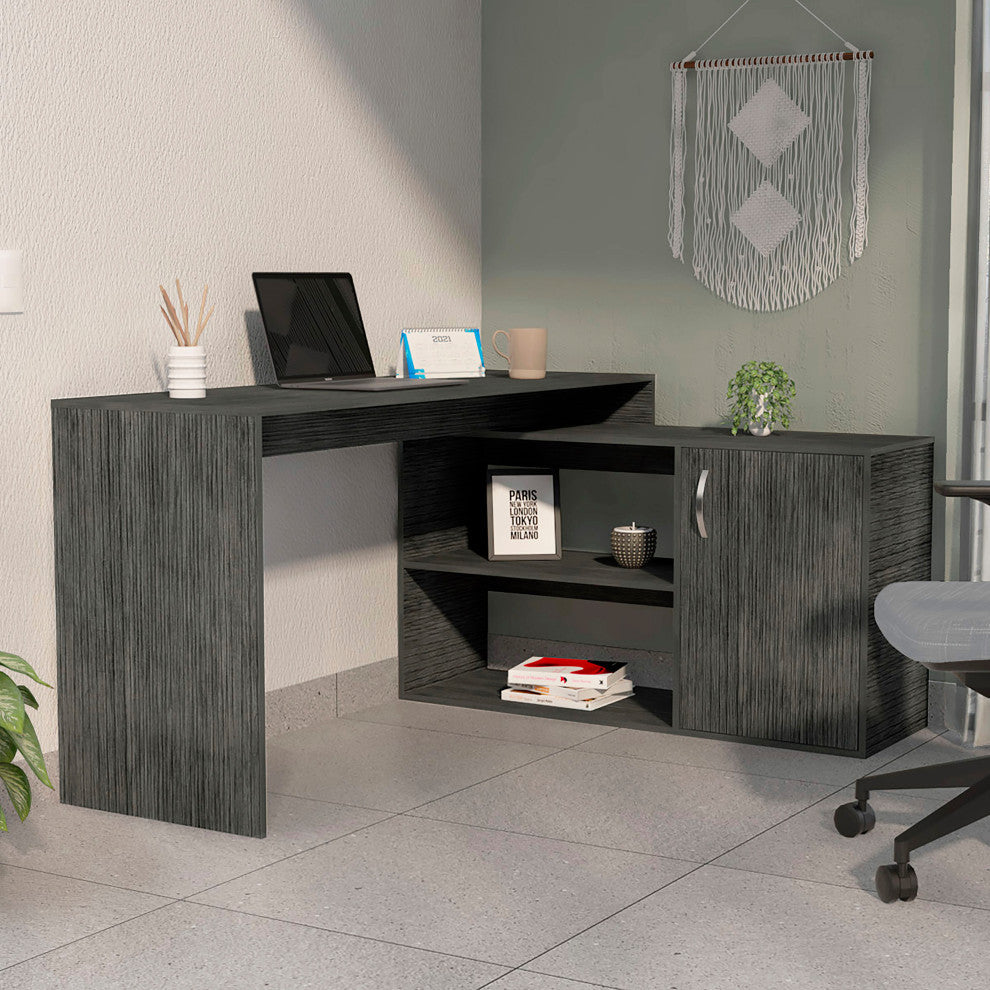 Dallas L-Shaped Home Office Desk with 2 Open Shelves and Cabinet, Smokey Oak