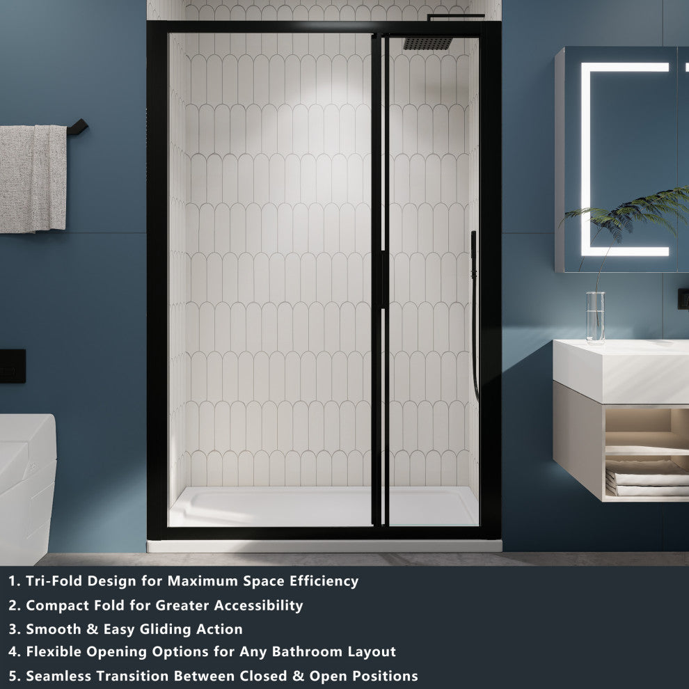 3-Panel Sliding Semi-Frameless Shower Door in Matte Black Finish, 54"x70"