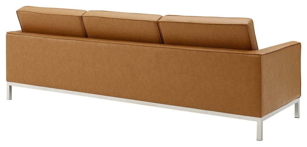 Loft Tufted Upholstered Faux Leather Sofa and Armchair Set Silver Tan