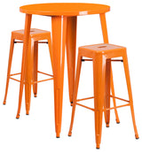 30" Round Orange Metal Bar 3-Piece Table Set With 2 Square Seat Backless Stools