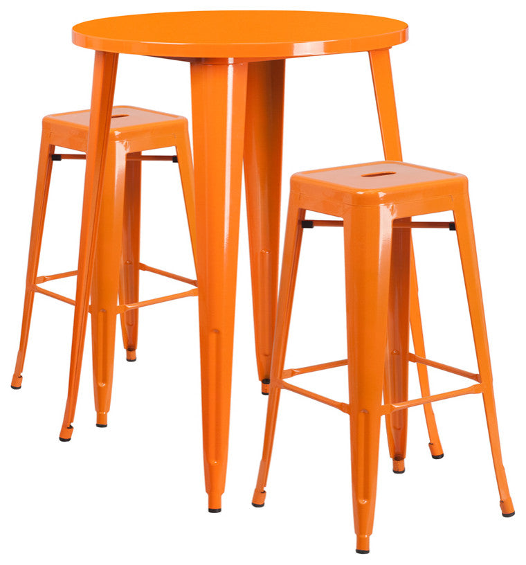 30" Round Orange Metal Bar 3-Piece Table Set With 2 Square Seat Backless Stools