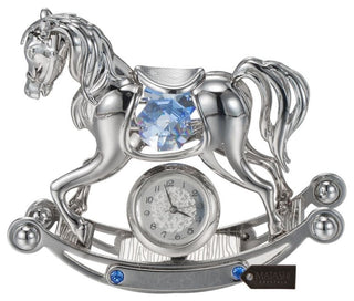 Chrome Plated Crystal Studded Silver Rocking Horse Desk Clock Ornament