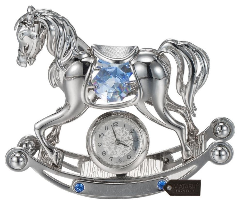 Chrome Plated Crystal Studded Silver Rocking Horse Desk Clock Ornament