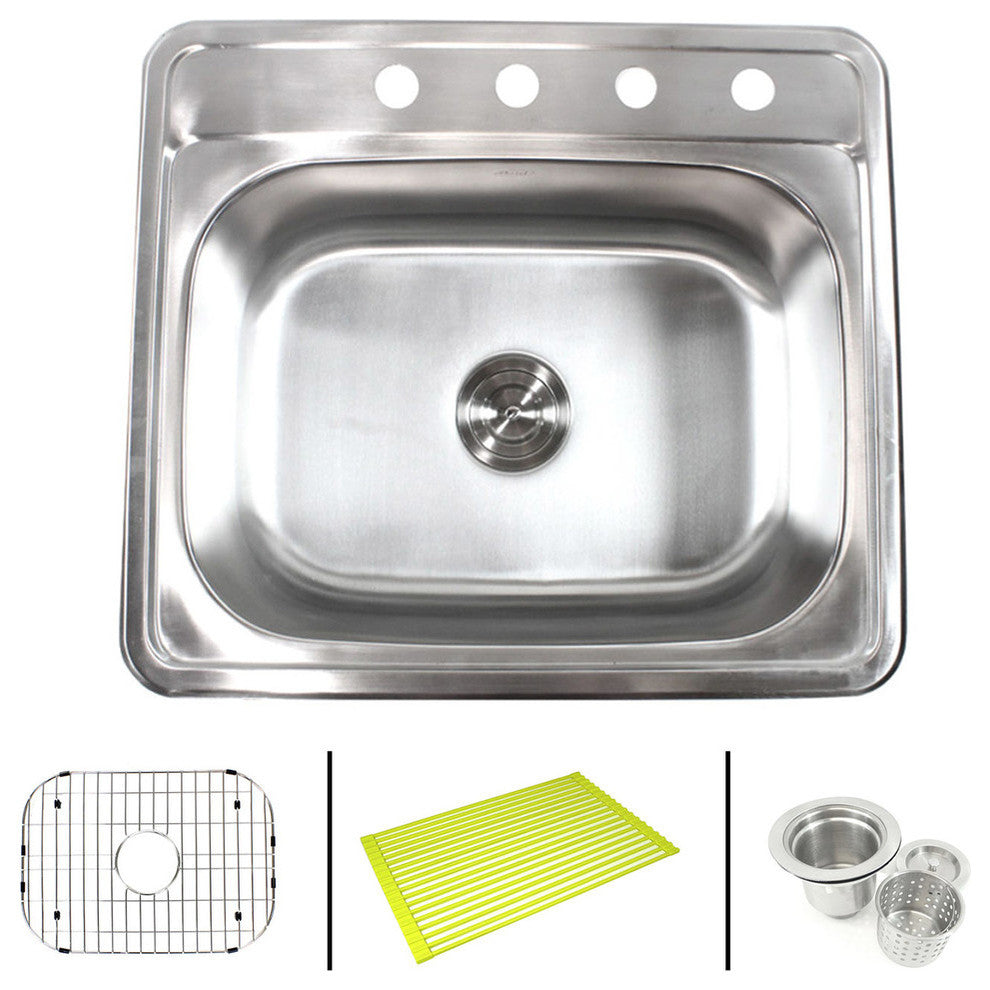 25"x22"x9" Topmount Drop-In Stainless Steel Single Bowl Kitchen Sink Combo