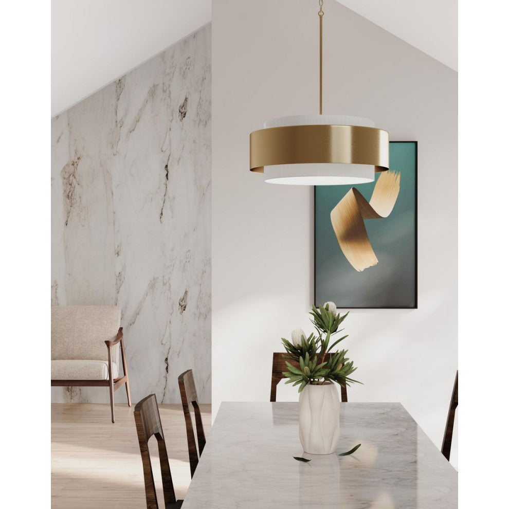 Silva Collection Three-Light Brushed Bronze White Linen Shade Pendant