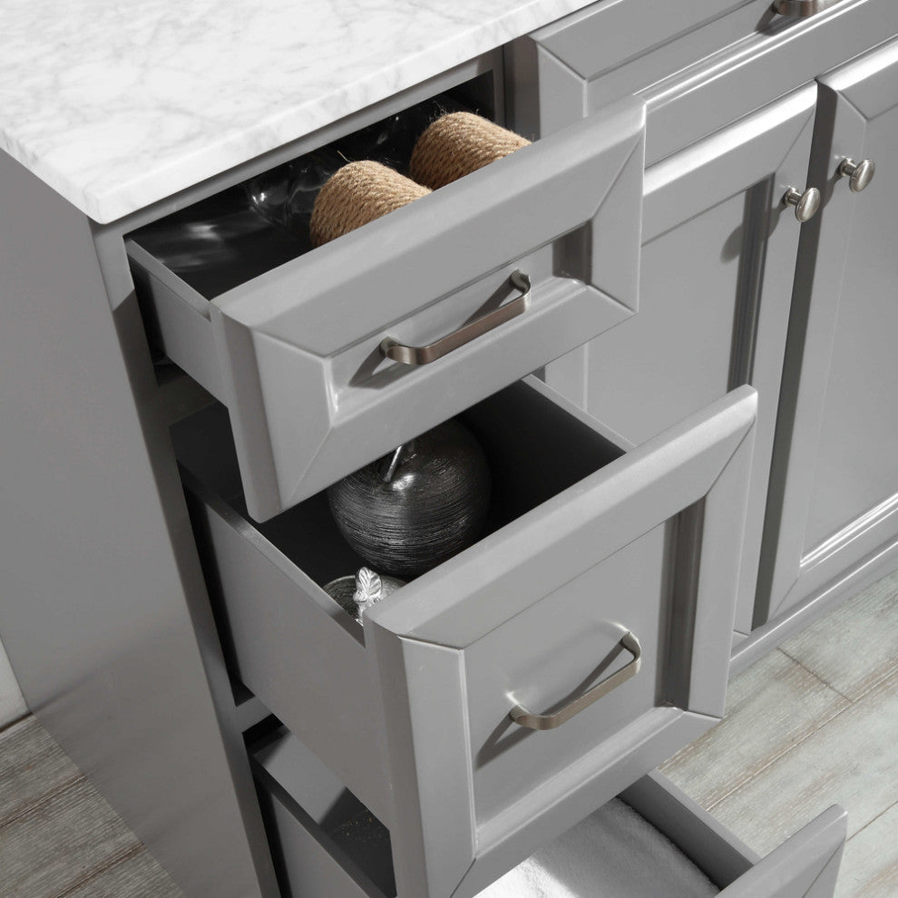 Naples 48" Vanity, Grey With Carrara White Marble Countertop With Mirror