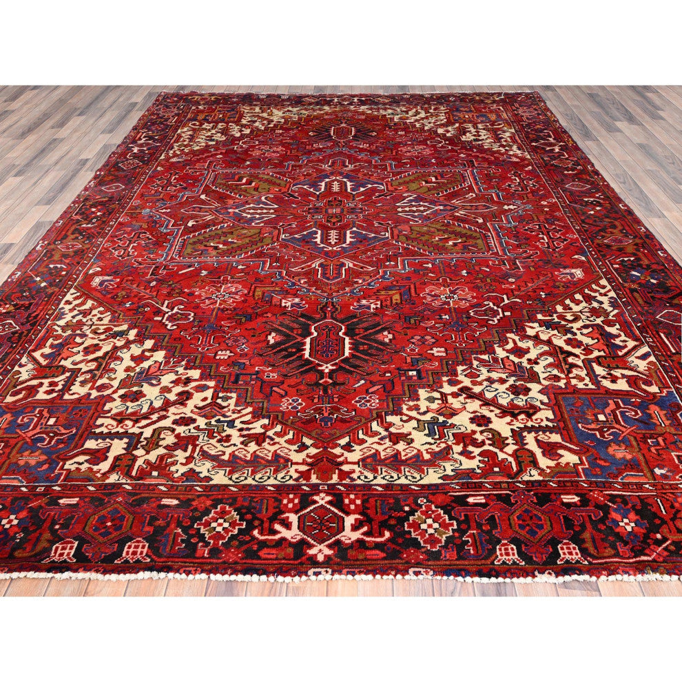 Cardinals Red Pure Wool Hand Knotted Semi Antique Persian Heriz Rug 9'4"x12'5"
