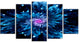 Blue Fractal Flower with Shiny Particles, Flower Canvas Art, 60"x32", 5 Panels