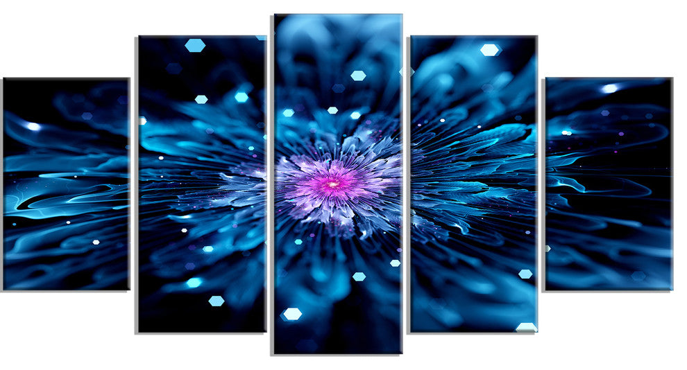 Blue Fractal Flower with Shiny Particles, Flower Canvas Art, 60"x32", 5 Panels