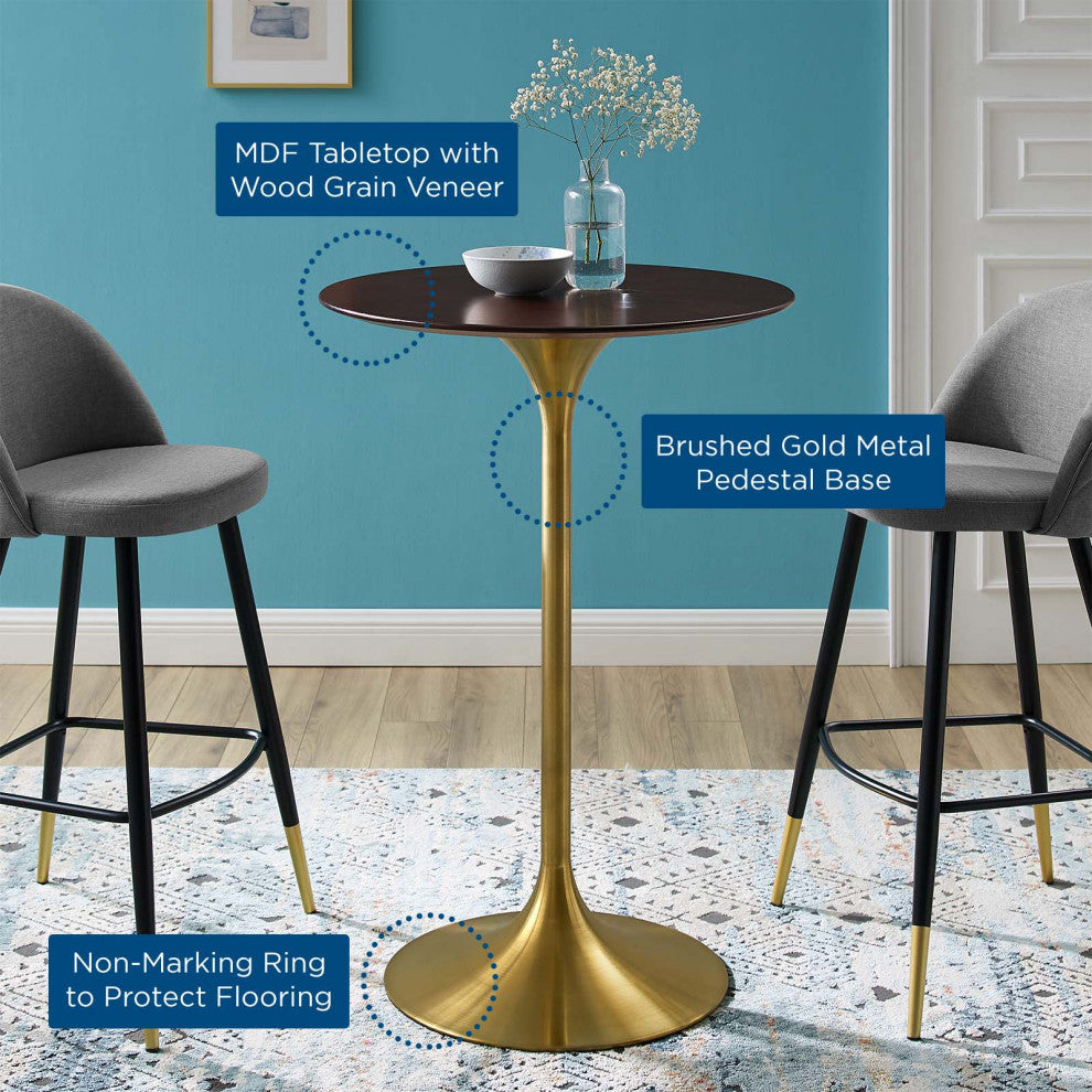 Bar Table, Round, Wood, Metal, Gold Dark Brown Brown Walnut, Modern, Bar Pub