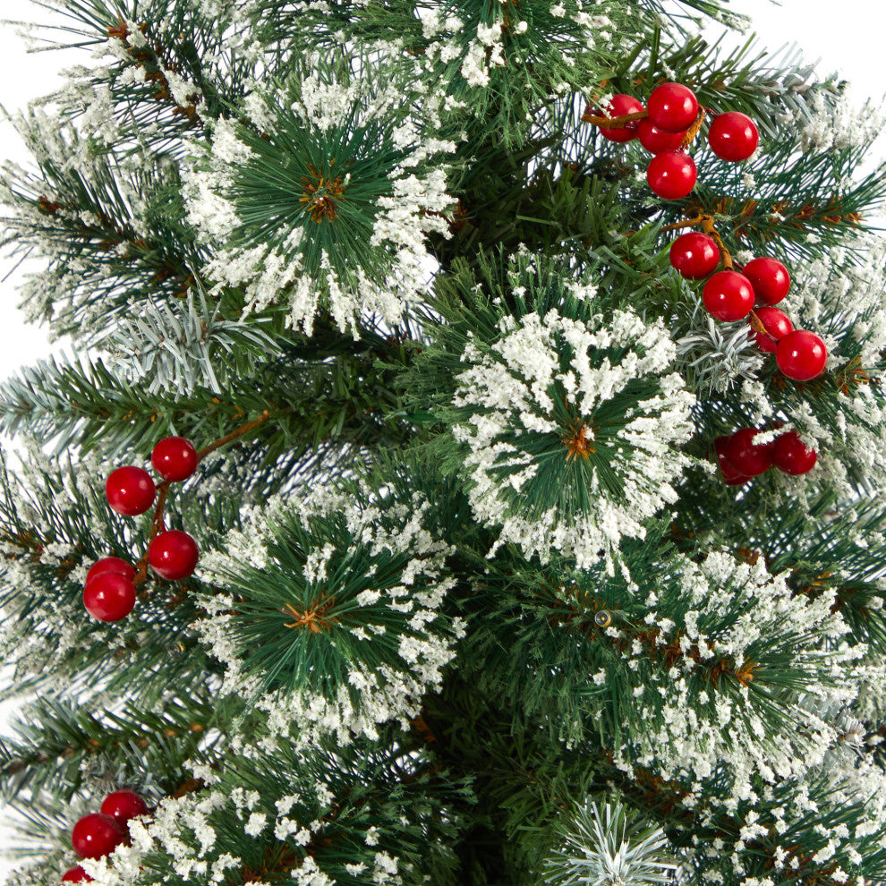 50" Frosted Swiss Pine Faux Xmas Tree W/100 Clear Lights & Berries, Planter