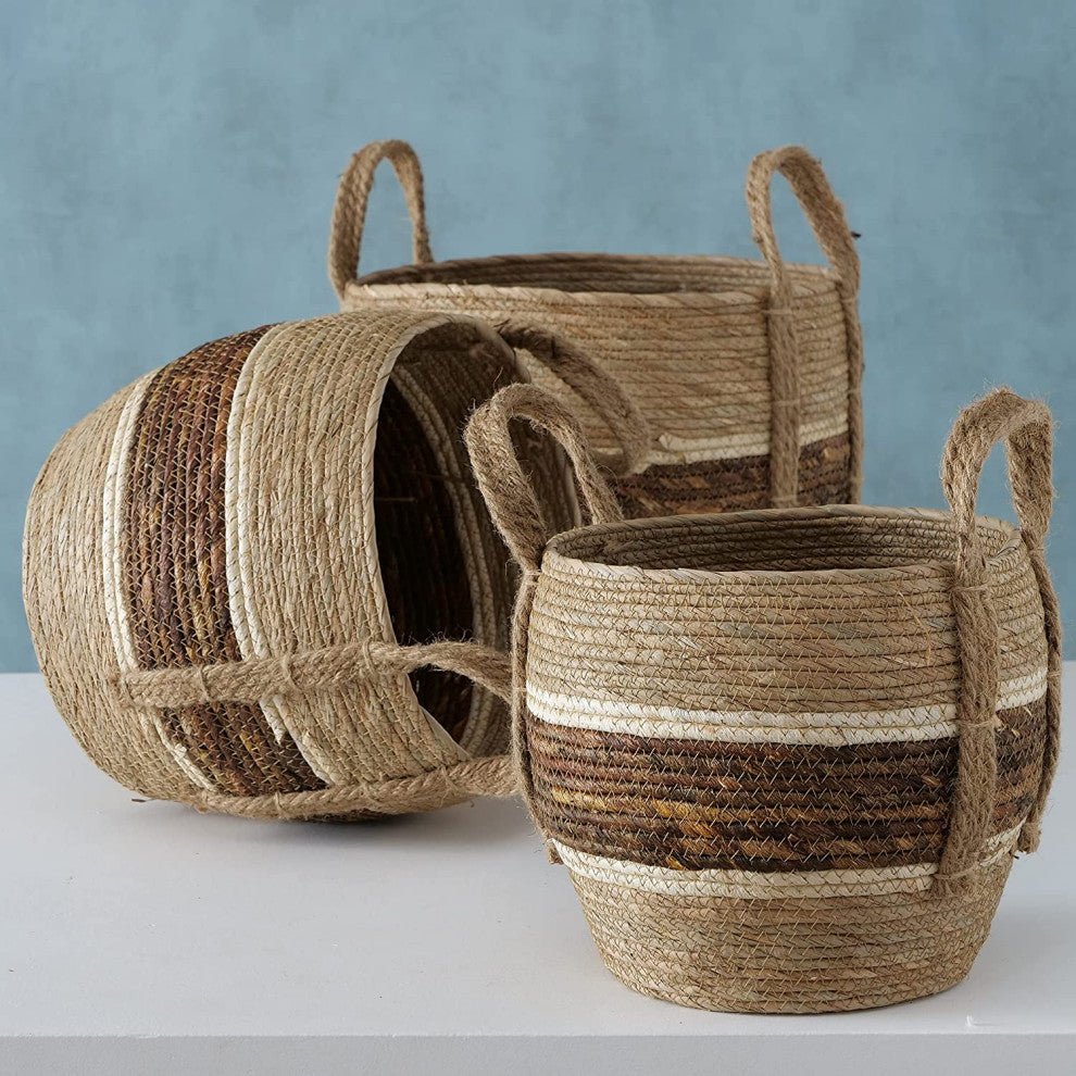 3 Piece Stripes Wicker Basket Set