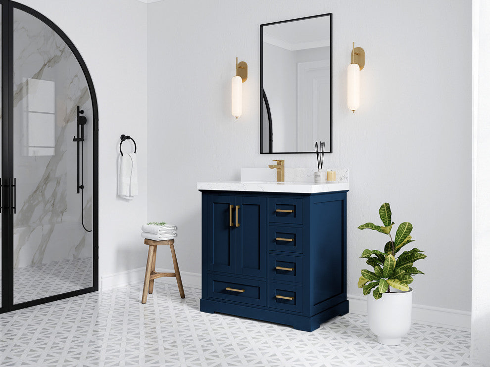 Boston 36 Left Offset Bath Vanity in Navy Blue 2" Pearl Gray