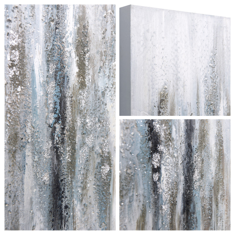 Silver Echoes Textured Hand Painted Canvas Wall Art with Silver Glitter and Leaf