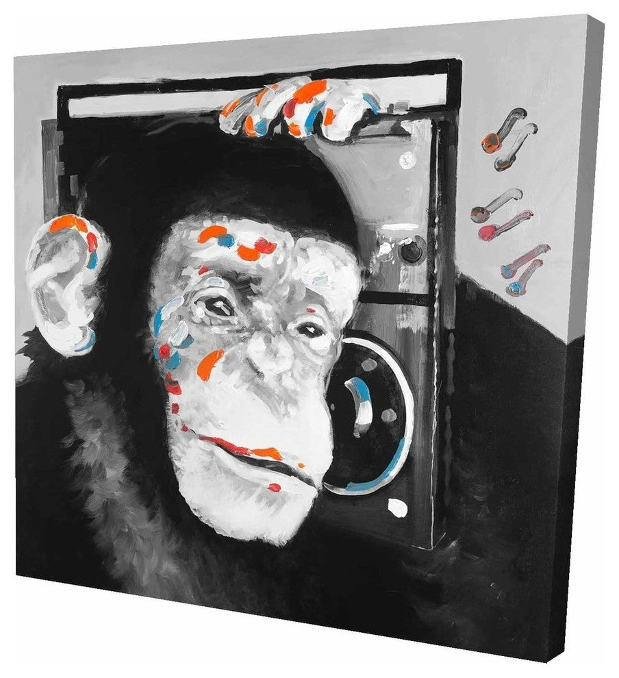 Monkey Listening To Radio, Fine Art Gallery Wrapped Canvas, 24"x24"