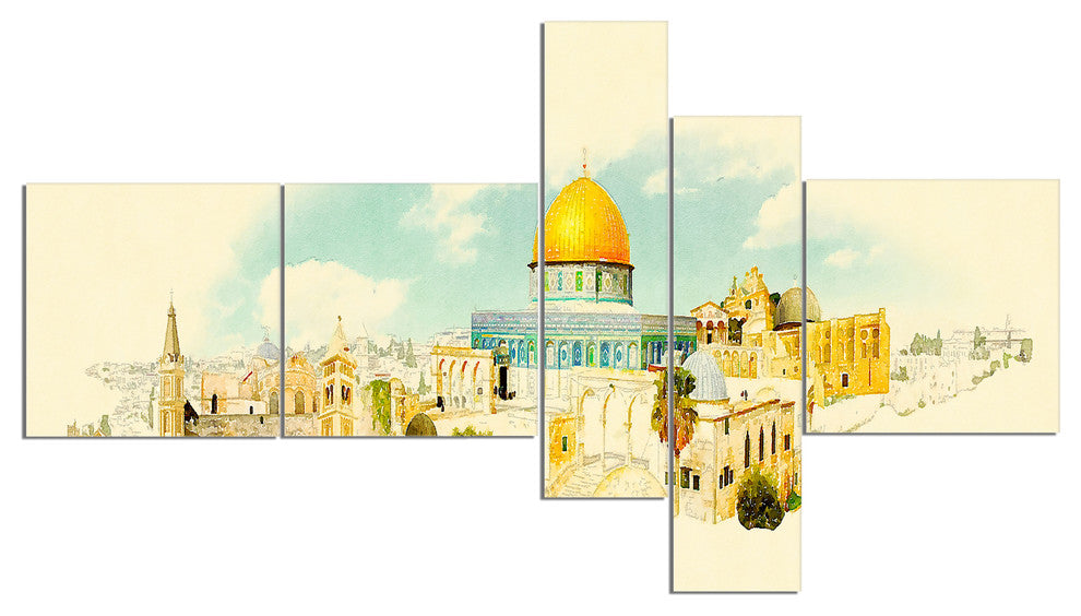 Jerusalem Panoramic View, Cityscape Watercolor Canvas Print, 60"x32", 5 panels