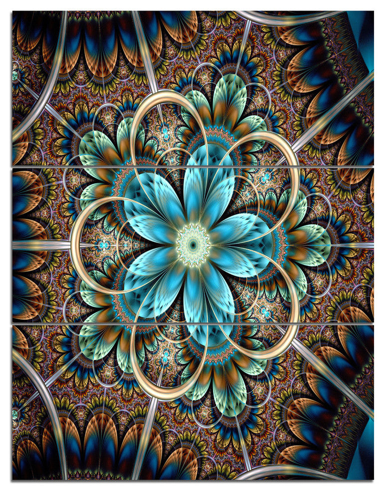 "Large Brown Blue Fractal Flower" Metal Wall Art, 3 Panels, 28"x36"