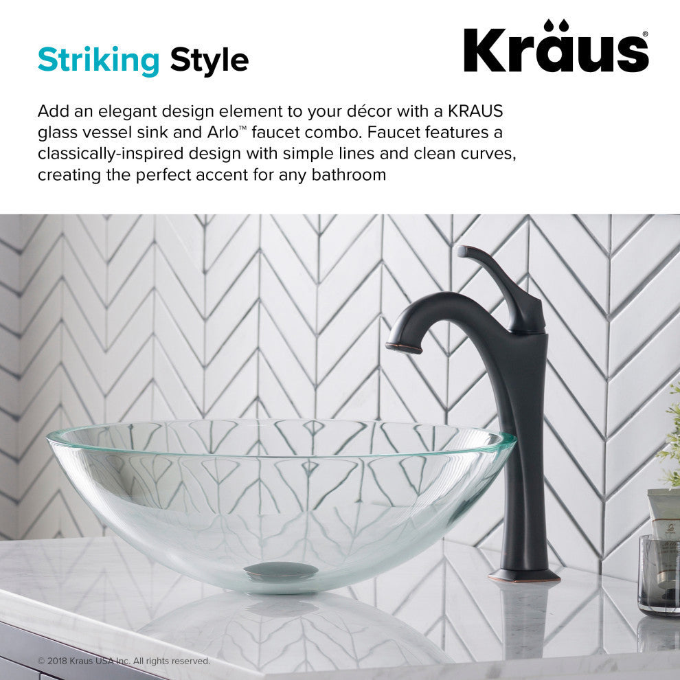 Glass Vessel Sink, Arlo Bathroom Faucet, PU Drain, Mounting Ring, Oil Rub Bronze